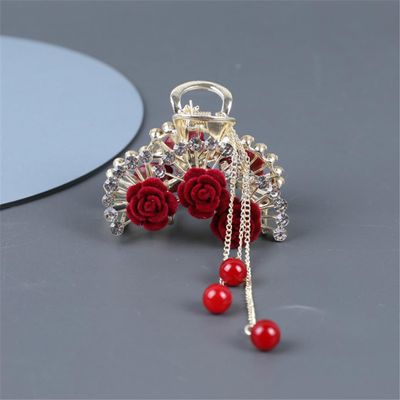 Retro Rose Pearl Grab Clip Tassel Ponytailtail Clip Clip diamond Ladies Hair Accessories Clip