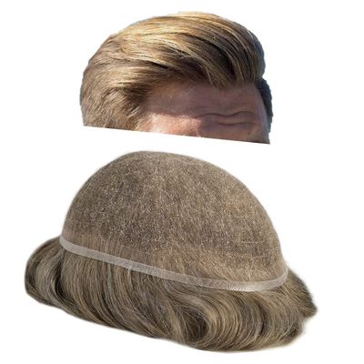 Toupee For Men Soft French Lace Hairpiece Durable Clear Poly Around Hair System Replacement Mens Toupee Human Hair Prosthesis For Men 8"X10"#1740 Dark Ash Blonde with 40%gray hair-100%density