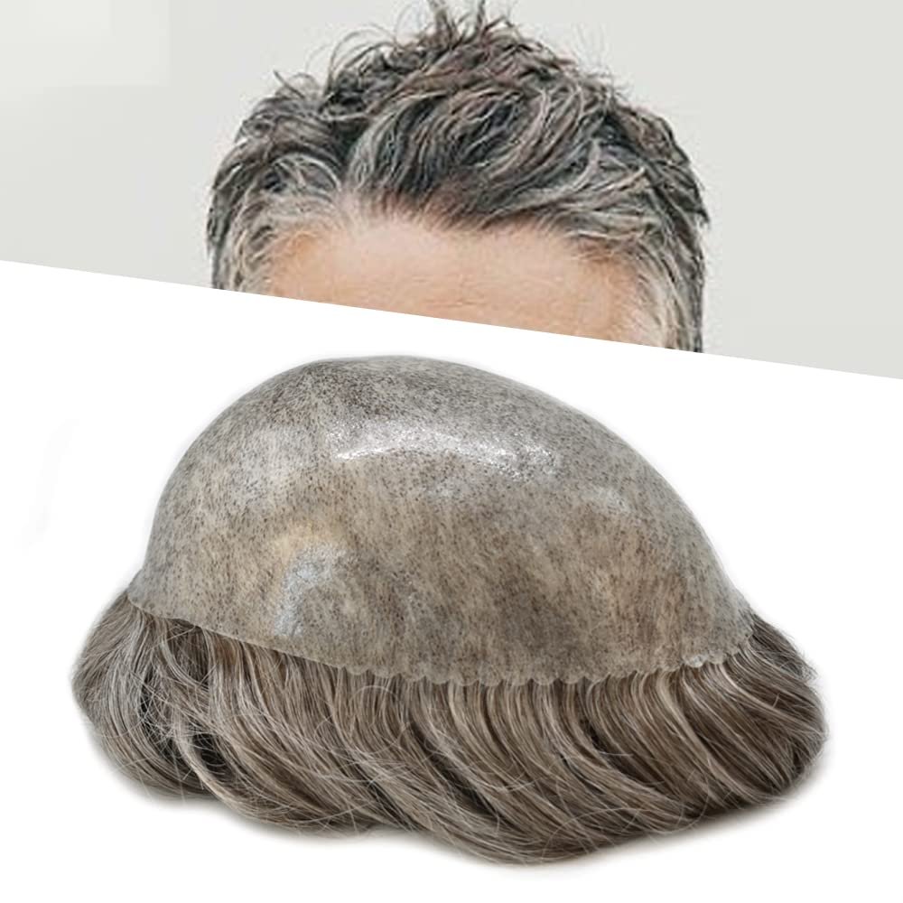 SINGA HAIR Toupee for Men Human Hair Replacement Full Poly Soft Hair Piece System for Men Injected PU Durable Skin Mens Wig Hairpiece8X10#260 Darkest Brown+60% Gray