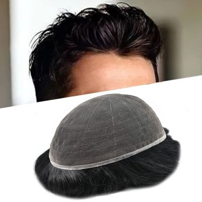 F M FACE MIRACLE NEW YORK Toupee For Men Soft French Lace Hairpiece Durable Clear Poly Around Hair System Replacement Mens Toupee Human Hair Prosthesis For Men 6"X9"#1B Off Black-120% density