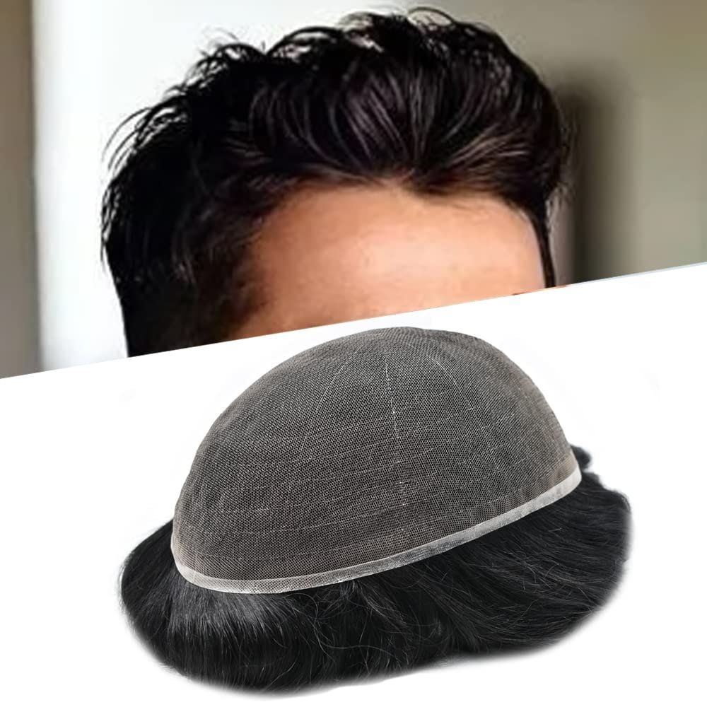 F M FACE MIRACLE NEW YORK Toupee For Men Soft French Lace Hairpiece Durable Clear Poly Around Hair System Replacement Mens Toupee Human Hair Prosthesis For Men 6"X9"#1B Off Black-120% density