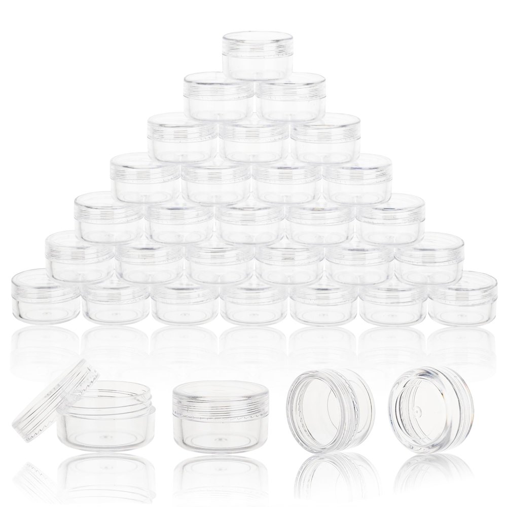 200 Count 3 Gram Sample Containers, Clear Lip Balm Containers with Lids, Small Plastic Sample Jars with 12 Mini Spoons, 200pcs Labels (Clear Lid)