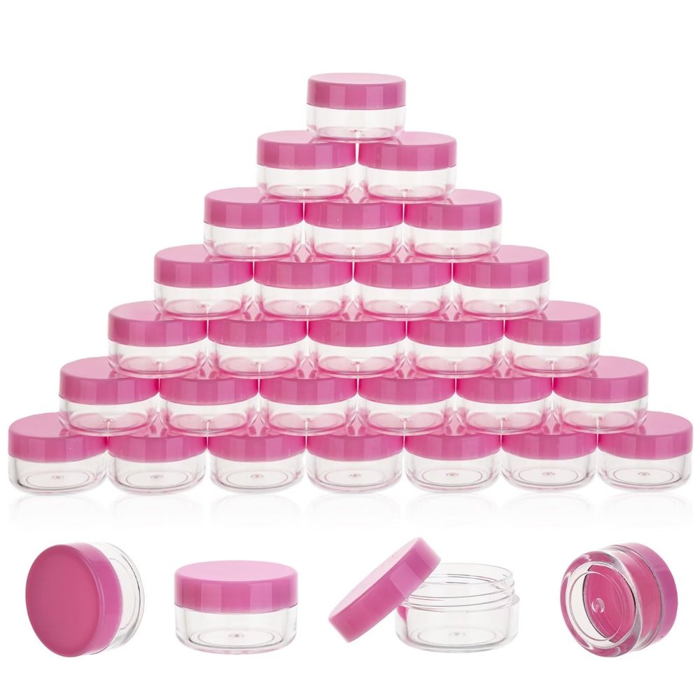 100 Count 5 Gram Sample Containers, Clear Lip Balm Containers with Lids, Small Plastic Sample Jars with 8 Mini Spoons, 100pcs Labels (Pink Lid)