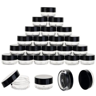 25 Count 3 Gram Sample Containers, Clear Lip Balm Containers with Lids, Small Plastic Sample Jars with 2 Mini Spoons, 25pcs Labels (Black Lid)