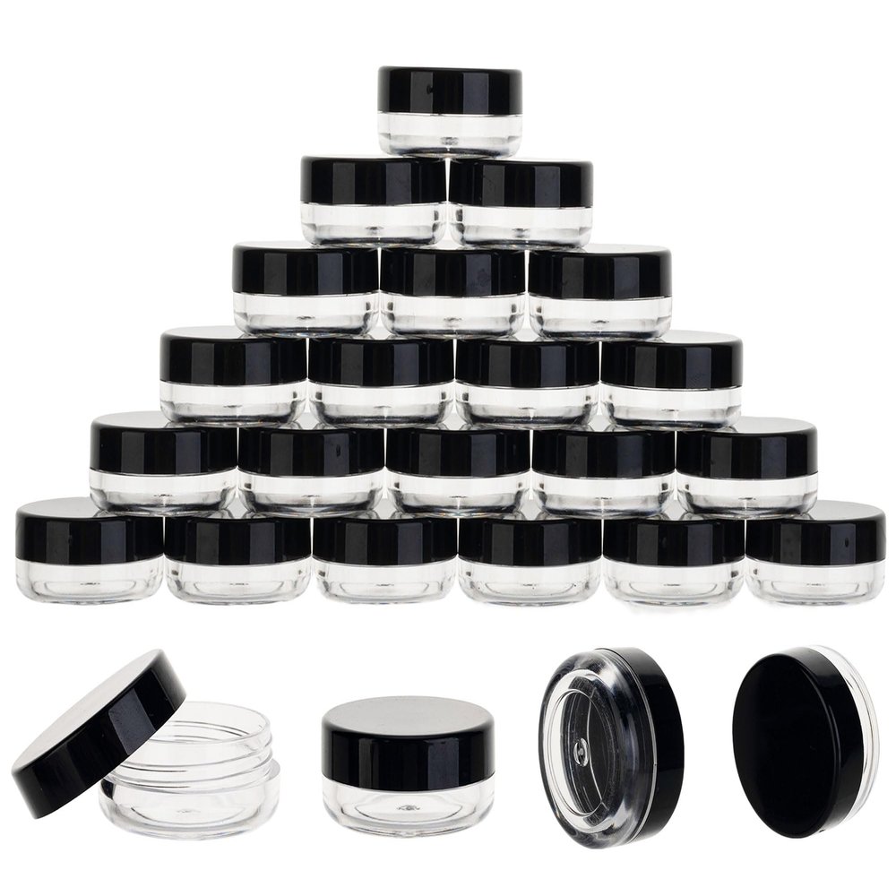 25 Count 3 Gram Sample Containers, Clear Lip Balm Containers with Lids, Small Plastic Sample Jars with 2 Mini Spoons, 25pcs Labels (Black Lid)
