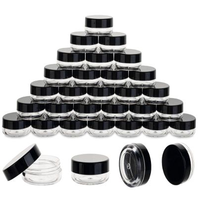 100 Count 3 Gram Sample Containers, Clear Lip Balm Containers with Lids, Small Plastic Sample Jars with 8 Mini Spoons, 100pcs Labels (Black Lid)