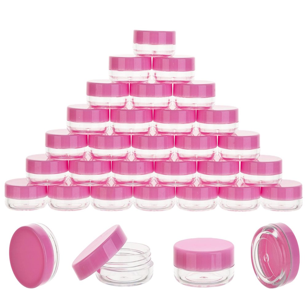 100 Count 3 Gram Sample Containers, Clear Lip Balm Containers with Lids, Small Plastic Sample Jars with 8 Mini Spoons, 100pcs Labels (Pink Lid)