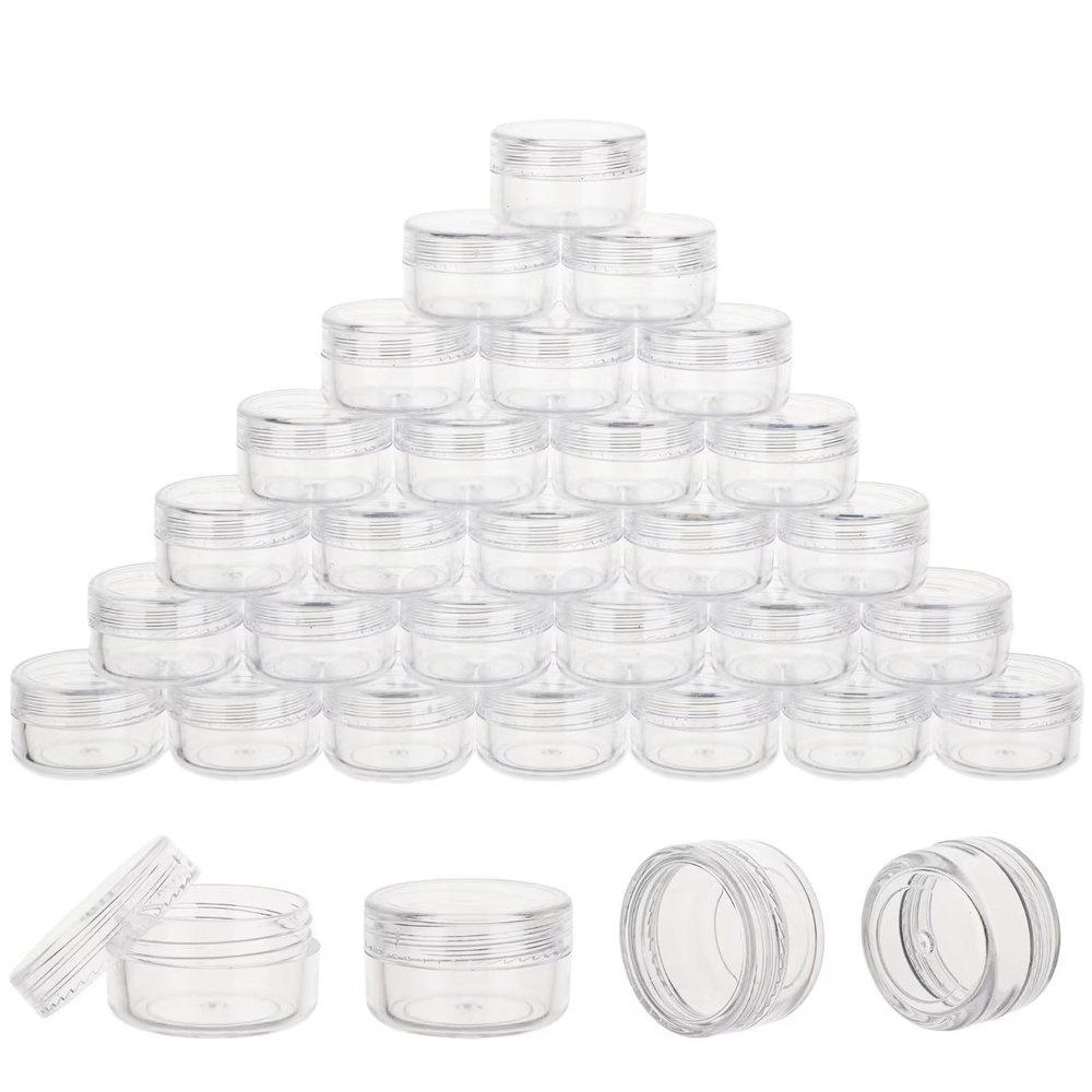 100 Count 5 Gram Sample Containers, Clear Lip Balm Containers with Lids, Small Plastic Sample Jars with 8 Mini Spoons, 100pcs Labels (Clear Lid)