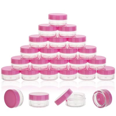 25 Count 5 Gram Sample Containers, Clear Lip Balm Containers with Lids, Small Plastic Sample Jars with 2 Mini Spoons, 25pcs Labels (Pink Lid)