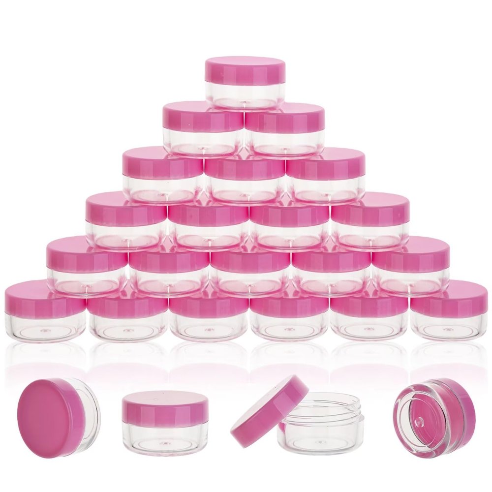 25 Count 5 Gram Sample Containers, Clear Lip Balm Containers with Lids, Small Plastic Sample Jars with 2 Mini Spoons, 25pcs Labels (Pink Lid)