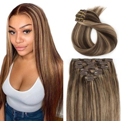 P427 Brown Clip in Hair Extensions,Soft Real Human Hair 16 Inch 120g 7pcs,Brazilian Remy Blonde Clip ins for Women,Highlight Brown Straight Clip ins Silky Hair Extensions