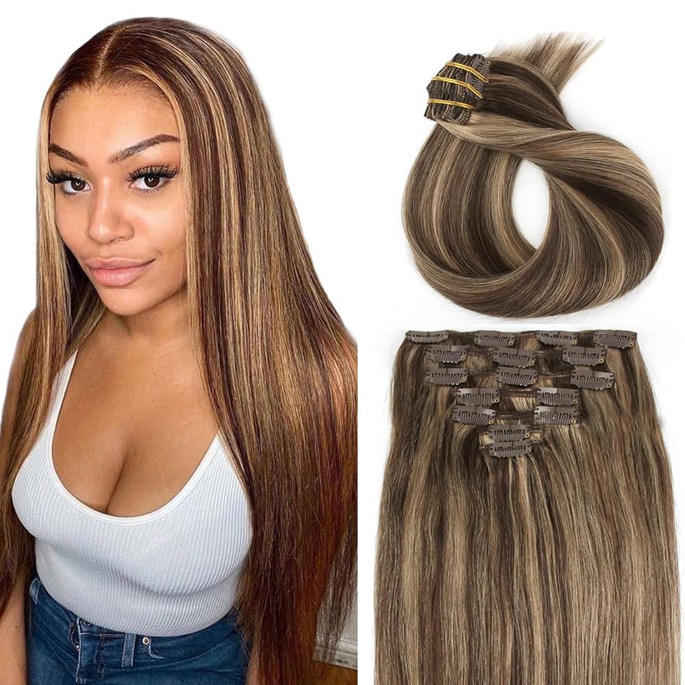 P427 Brown Clip in Hair Extensions,Soft Real Human Hair 16 Inch 120g 7pcs,Brazilian Remy Blonde Clip ins for Women,Highlight Brown Straight Clip ins Silky Hair Extensions