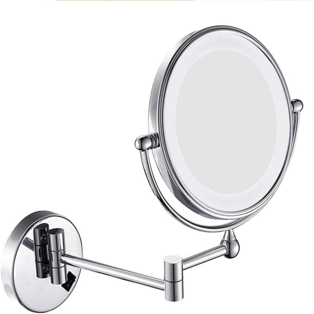 8-Inch LED Lighted Wall Mount Makeup Mirror, Two-Sided Extension Wall Mount Mirror, 360 Degree Swivel Bathroom Mirror, 12-Inch Extension, 5X Magnification, Chrome Bedroom Bathroom,Silver,8InchPlug