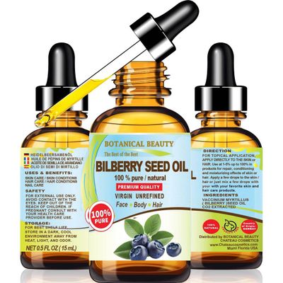Botanical Beauty BILBERRY SEED OIL 100% Pure Natural Virgin Unrefined Cold Pressed Carrier Oil for FACE, SKIN, HAIR, NAILS, Rich in Natural Vitamin C (0.5 Fl Oz)