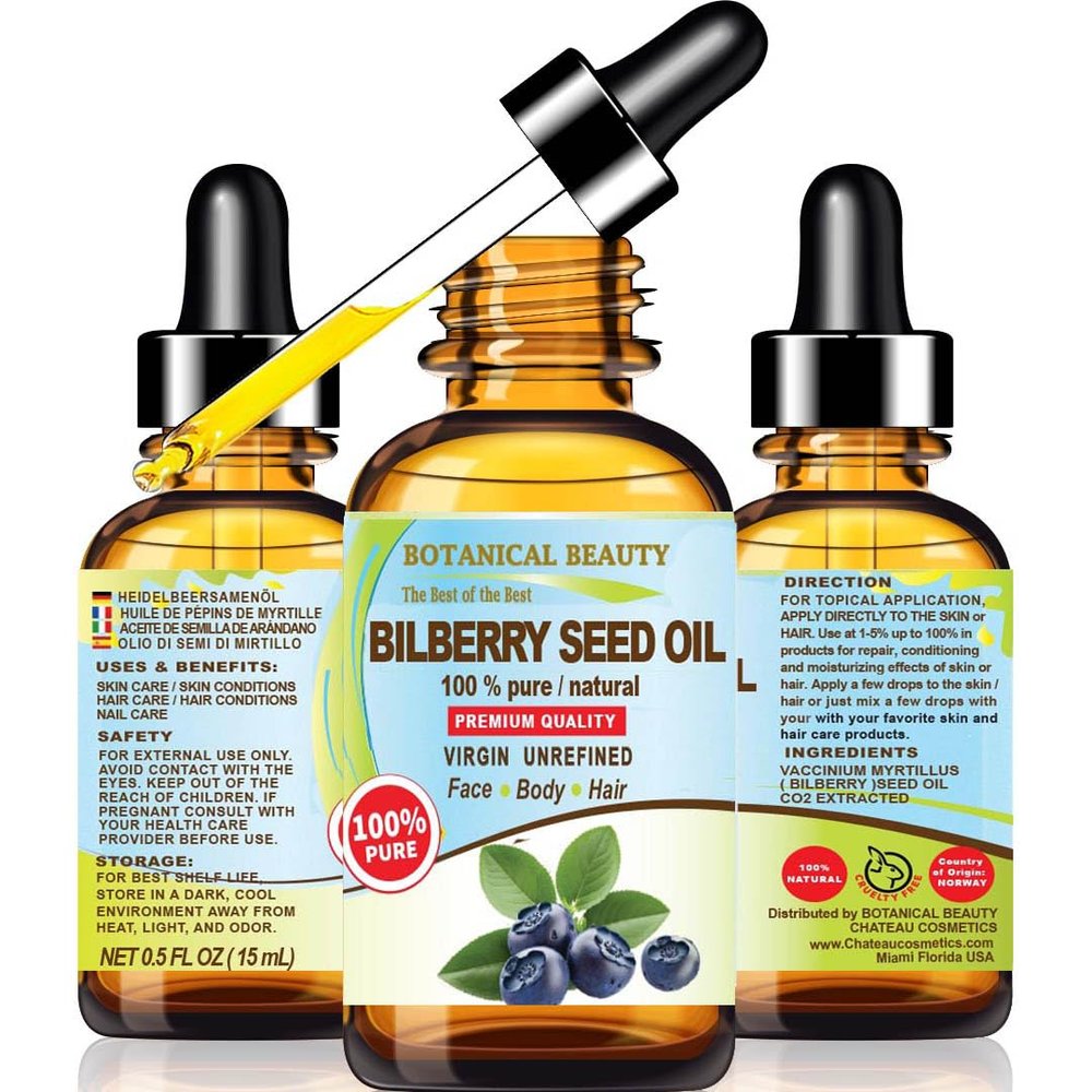Botanical Beauty BILBERRY SEED OIL 100% Pure Natural Virgin Unrefined Cold Pressed Carrier Oil for FACE, SKIN, HAIR, NAILS, Rich in Natural Vitamin C (0.5 Fl Oz)