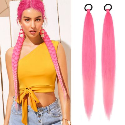 2 Pack Braid Ponytail Extension with Elastic Tie Straight Sleek Wrap Around Braid Wig Ponytail Pink Gradient 26 Inch (Pink/Light Pink)