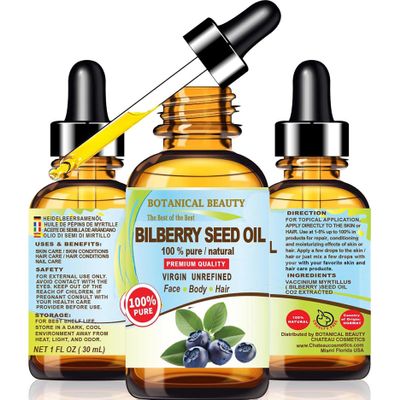Botanical Beauty Bilberry Seed Oil 100% Pure Natural Virgin Unrefined Cold Pressed Carrier Oil for FACE, Skin, Hair, Nails, Rich in Natural Vitamin C (1 Fl Oz)