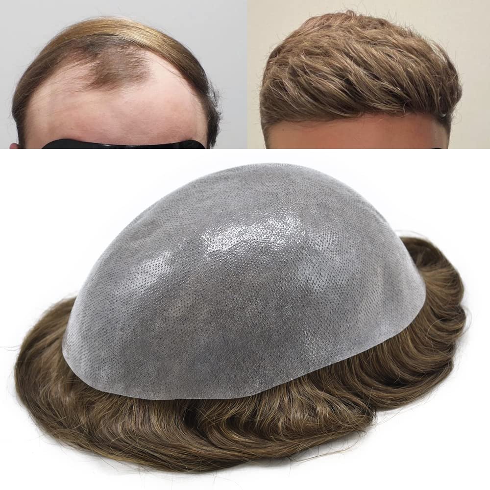 Toupee For Men 100% Remy Human Hair 0.1mm-0.2mm Clear Poly Hair Replacement Ssyetem For Men Durable Mens Hair Pieces Natural Looking Hair Unit For Mens Toupee Human Hair (8''X10''-100% light medium, #5 MEDIUM LIGHT BROWN)