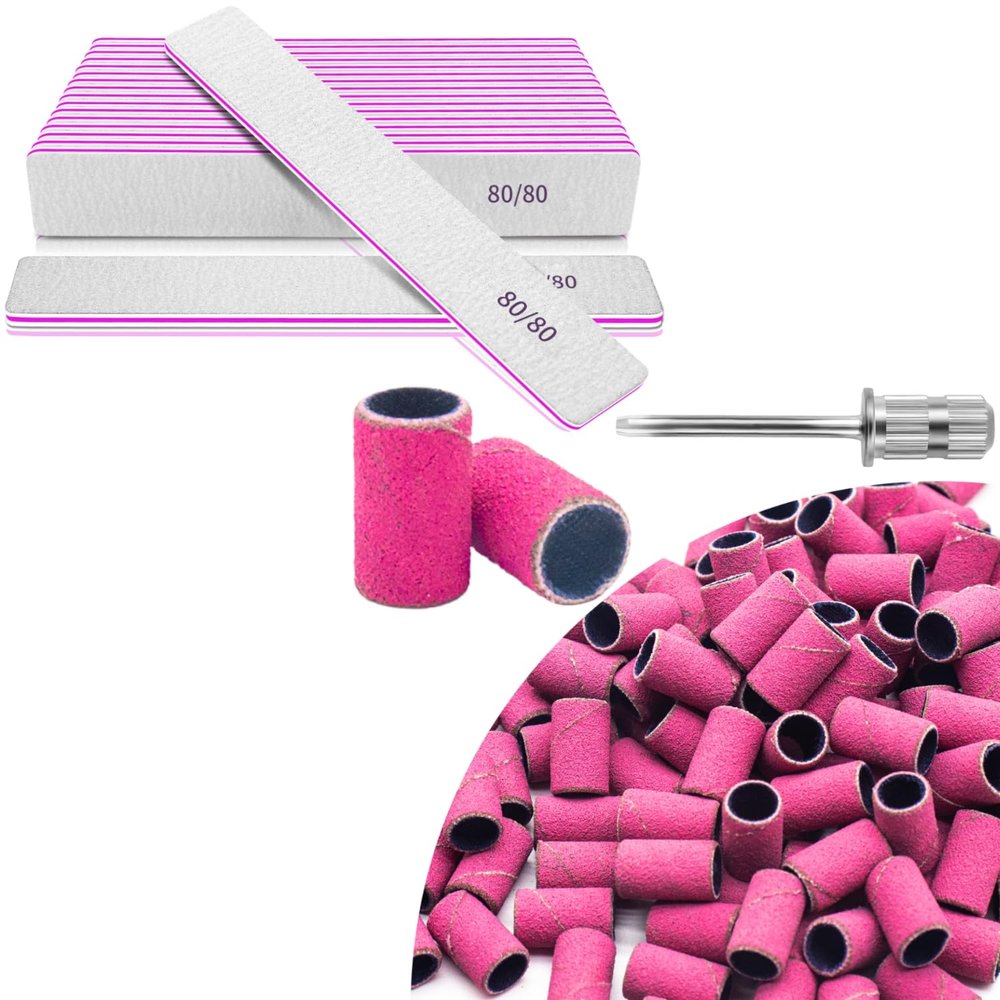 12 Pcs File Nail 80Grit Double Sided Nail File, Professional Nail File, Pink Sanding Bands for Nail Drill 100pcs, 180 Grit Sanding Bands for Nail