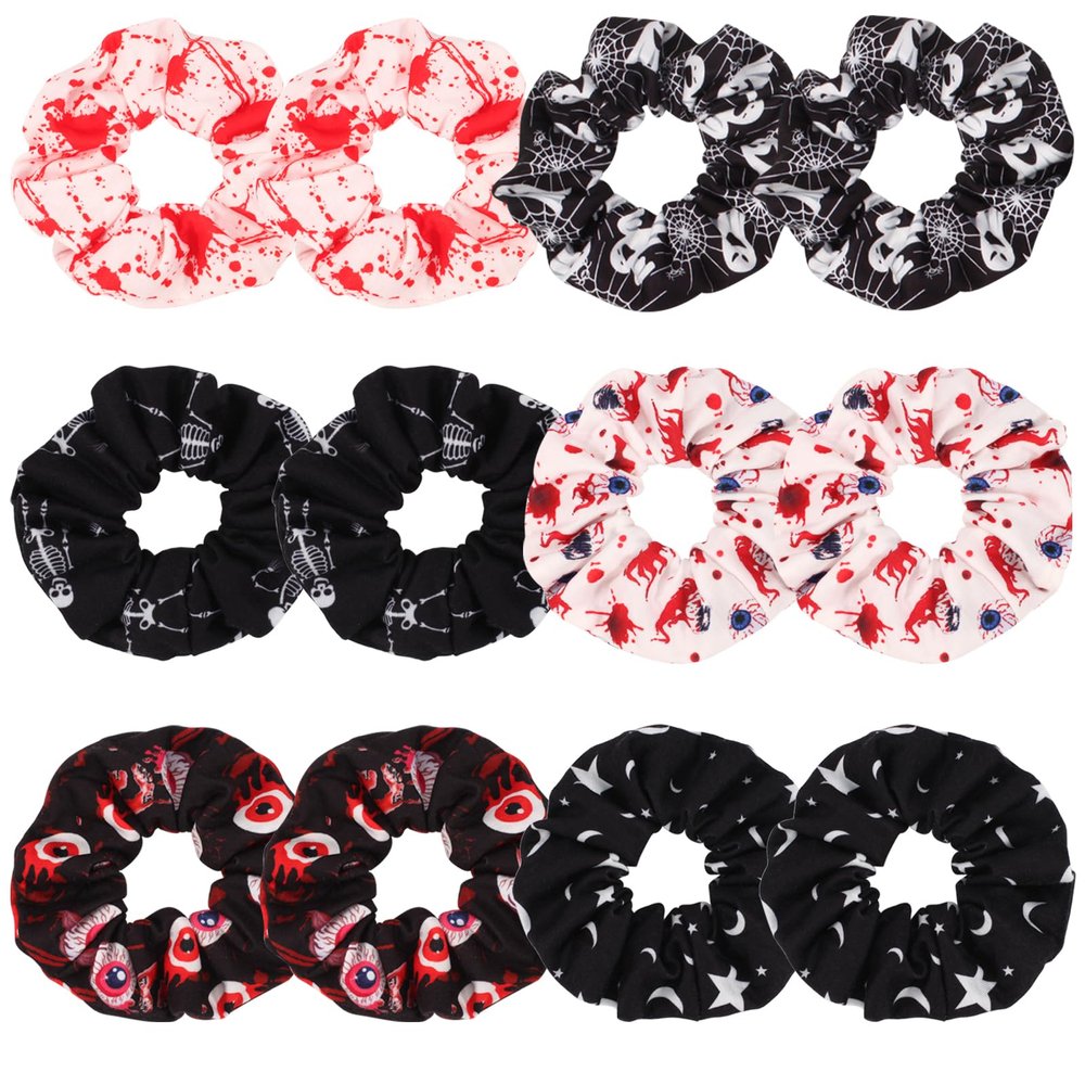12PCS Halloween Blood Hair Scrunchies Spooky Horror Eyeball Skull Skeleton Moon Star Ghost Hair Ties for Women Girls Ladies Party Gifts