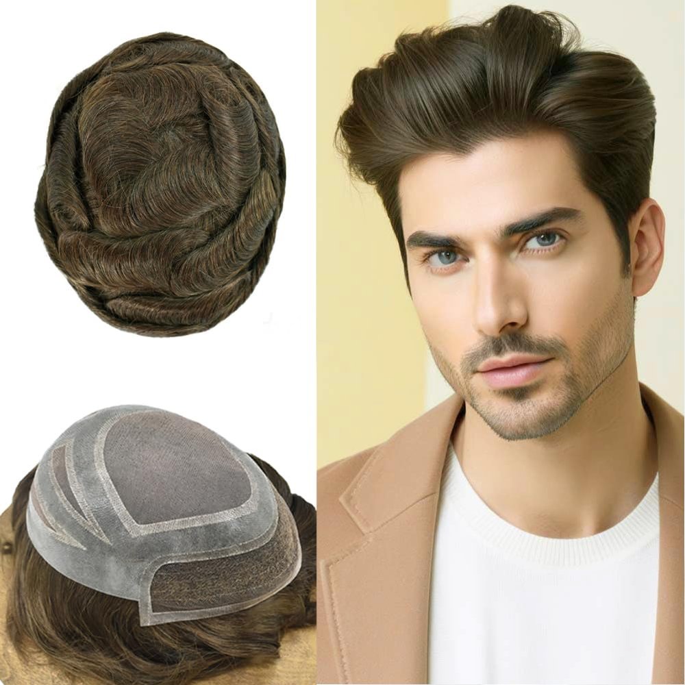 Healthlif Toupee For Men Real Human Hair Piece Men Toupee 8X10 Fine Mono Mens Hairpiece Hair Replacement System For Hair Loss 120% Density #4 Medium Brown