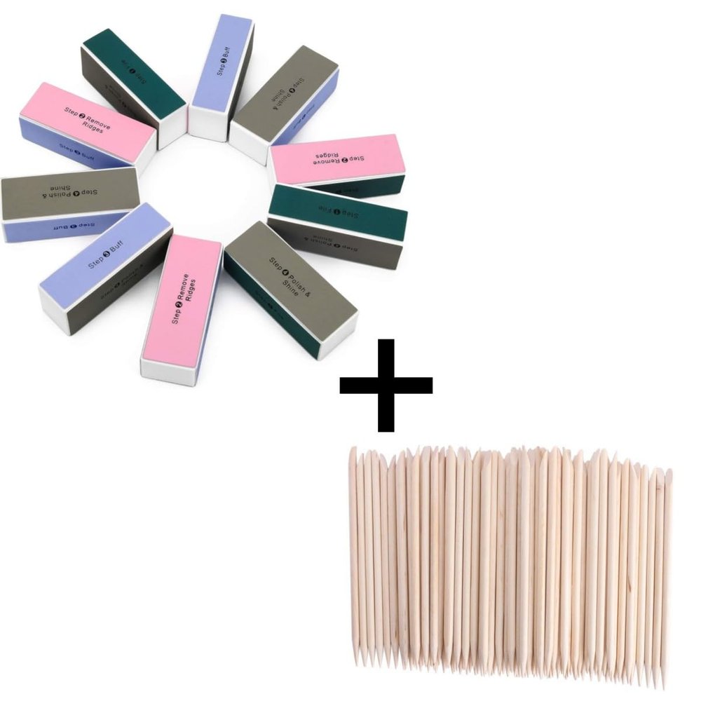 10 pcs Nail Buffer + 50P ooden Cuticle Sticks