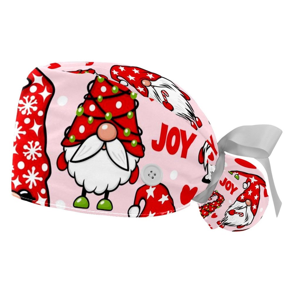 2 Pcs Working Caps with Buttons and Ribbon Tie, Christmas Gnome Pattern Bouffant Hats Scrub Caps Women Long Hair