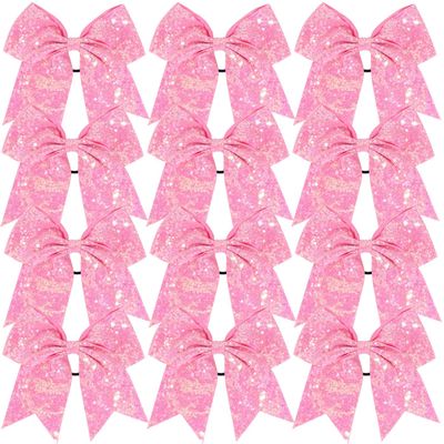 12 Pcs Large Glitter Ponytail Holders - Big 8" Hair Bows and Elastic Hair Ties for Cheerleaders, Sports and Teens (Pink)