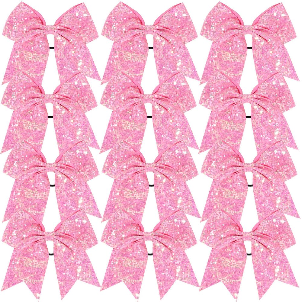 12 Pcs Large Glitter Ponytail Holders - Big 8" Hair Bows and Elastic Hair Ties for Cheerleaders, Sports and Teens (Pink)