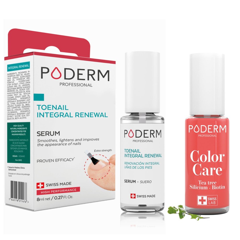 PODERM  2-in-1 Pack  Restores Nail Appearance and Enhances Color  Toe and Fingernail Care  Botanical Ingredients  Quick & Easy  Swiss Made