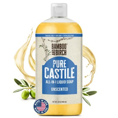 BAMBOO AND BIRCH Pure Castile Soap Liquid, Certified Palm Oil Free Natural Soap, Unscented, 32 oz