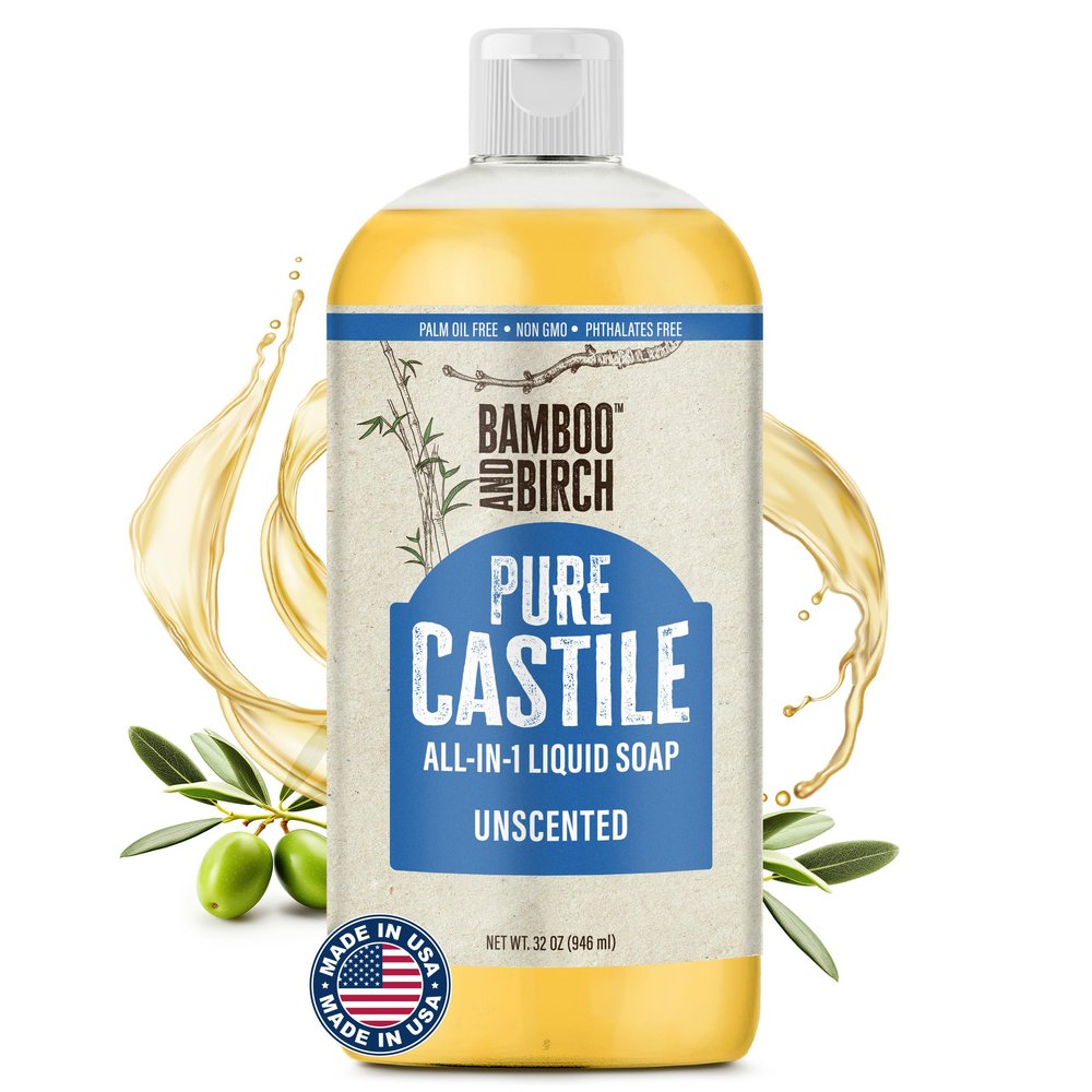 BAMBOO AND BIRCH Pure Castile Soap Liquid, Certified Palm Oil Free Natural Soap, Unscented, 32 oz