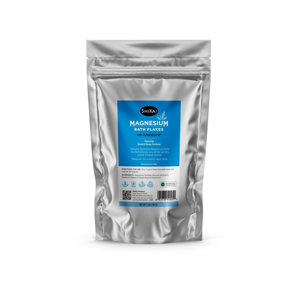 ShiKai Magnesium Bath Flakes with Melatonin (32 oz) | Bath Salt Soak for Muscle Relief | Enhance Sleep | Fragrance Free