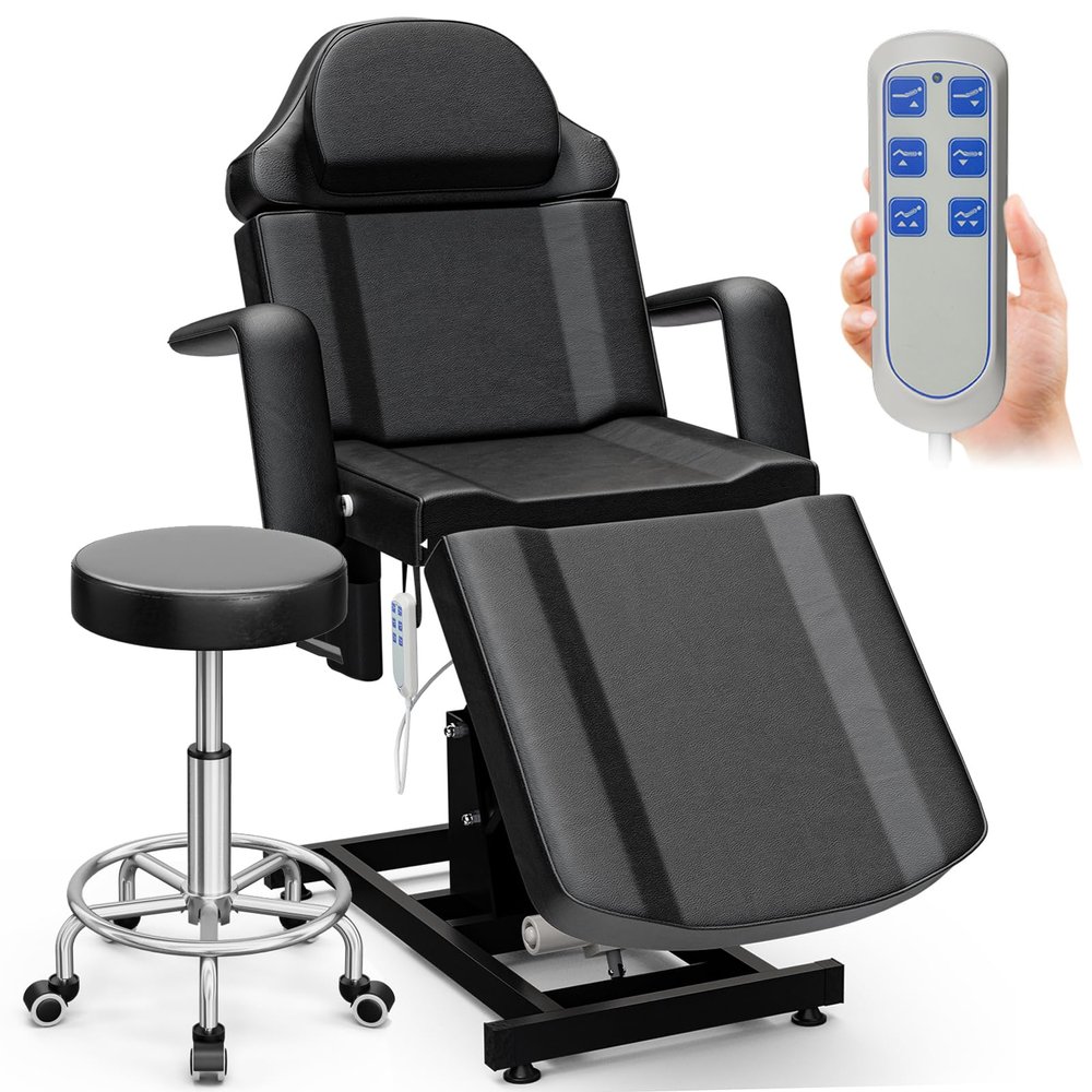 Icoget Fully Electric Tattoo Bed Esthetician Spa Chair with 3 Motor, Remote Control Height and Angle Facial Bed, 4 Section Professional Beauty Chair Massage Table, Black, Stool Included