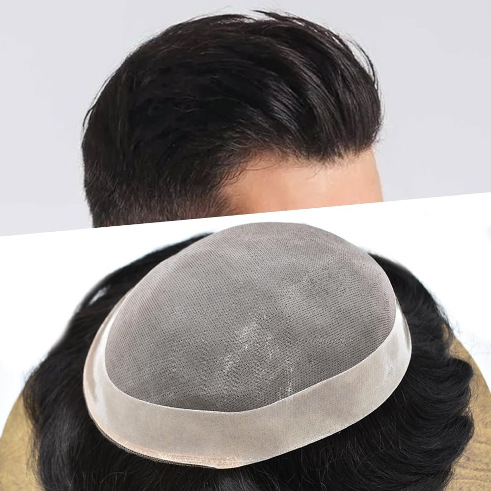 NPU Monofilament Toupee - Men's Human Hair System, Fine Mono, Durable Lace, Replacement, Poly Skin, Light to Medium Density (6''x9'', #2 Darkest Brown)
