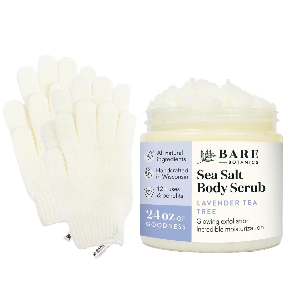 Bare Botanics Exfoliating Shower Gloves + Lavender Tea Tree Body Salt Scrub