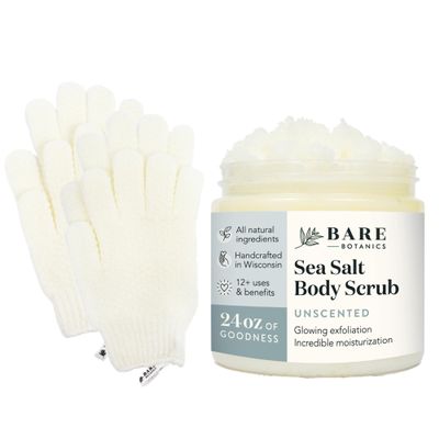 Bare Botanics Exfoliating Shower Gloves + Unscented Body Salt Scrub