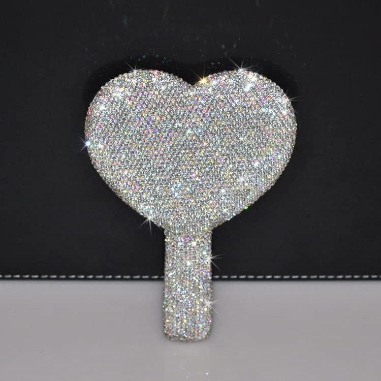 Daofaith Handheld Mirror Heart Shaped Mirror Cosmetic Hand Mirror with Handle, Sparkling Rhinestone Cute Hand Mirror for Women Girls, White