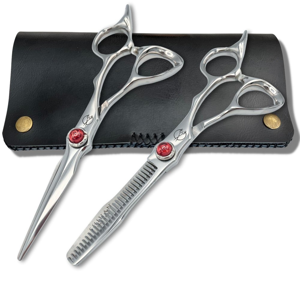 5.5" Professional Hair Shears Set Includes Cutting Scissors and Thinning Shears - VG10 Japanese Stainless Steel - Sharp, Ergonomic, Lightweight - Shihan Shears Red Moon (Hair Shears Set)