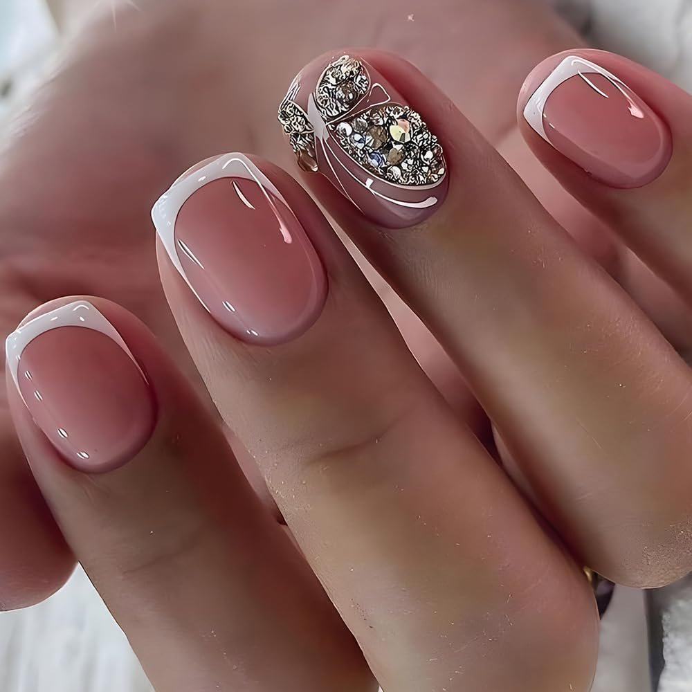 24 Pcs Square Press on Nails Short Fake Nails Pink French Tip Stick on Nails Full Cover Glitters Glue on Nails with Diamond Design False Nails Acrylic Nails for Women Or Girl Manicure