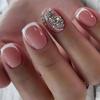 24 Pcs Square Press on Nails Short Fake Nails Pink French Tip Stick on Nails Full Cover Glitters Glue on Nails with Diamond Design False Nails Acrylic Nails for Women Or Girl Manicure view 1