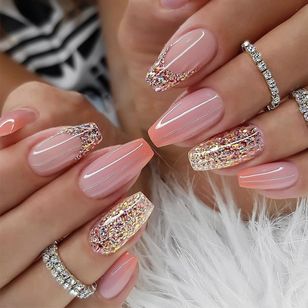 24 Pcs Medium Press on Nails Square Fake Nails Glossy Flash Powder Glue on Nails Full Cover Orange Gradient Stick on Nails with Design Artificial False Nails Acrylic Nails for Women Or Girl Manicure