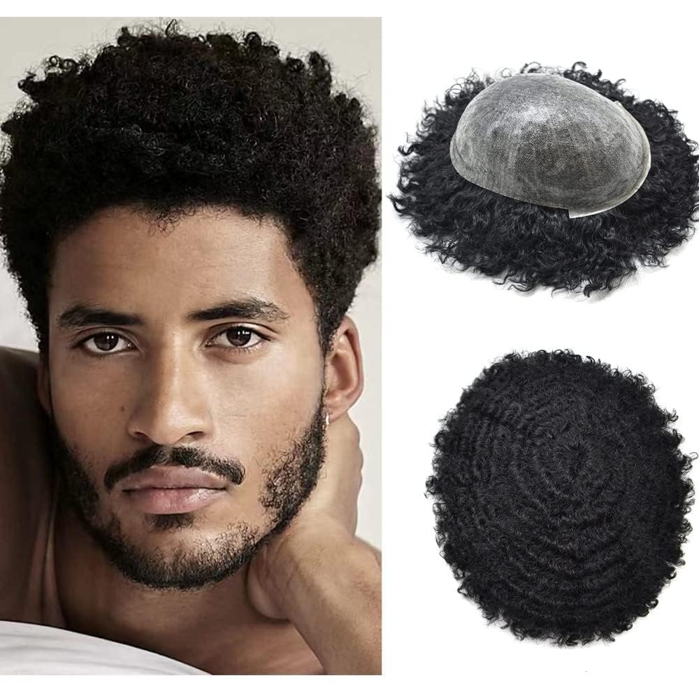 Afro Hair Unit For Black Men Durable Human Hair Pieces Afro Kinky Curly African American Men Afro Toupee Hair Replacement System PU Injection Hair Unit Wigs For Black Men (8''X10''-10MM Afro Wave, #1B OFF BLACK)