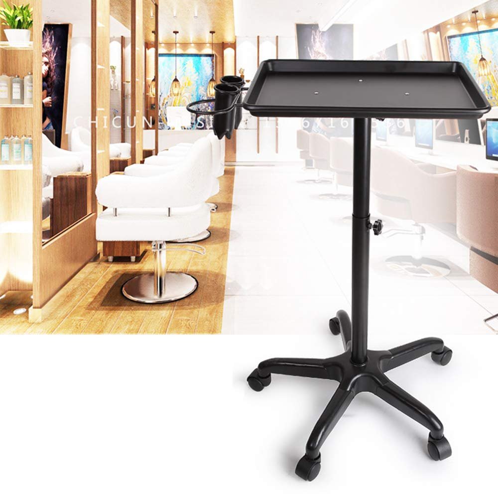 Premium Aluminum Instrument Salon Tray Tattoo Rolling Tray Station, Salon Spa Beauty Tattoo Metal Rolling Service Instrument Tray Trolley, Mobile Trolley Cart with Wheels & Adjustable Height (Black)