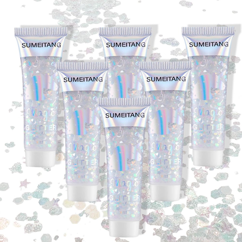 SUMEITANG 6 Pcs Clear White Face Body Glitter GelHolographic Chunky Sequins Body Glitter Paint for Party Singer Concerts Music Festival Rave Accessories for Girls Women Face Body DIY Sparkling Makeup