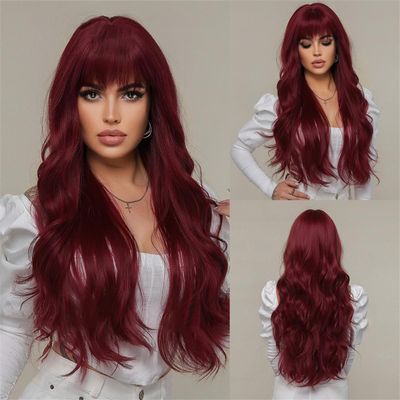 GSJING Long Curly Wavy Full Wig with Bangs Women Lady Synthetic Hair Costume Daily Use Heat Resistant Glueless Halloween Costume Cosplay (Red(lc2074-1) 26inch)