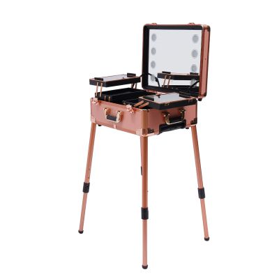 CNCEST Make-Up Case, Rolling Makeup Train Case Salon Cosmetic Trolley W/Led Light Mirror, Pro Make-Up Station, Cover Panel and Easy-to-Clean Extendable Trays, Adjustable Legs, Robust