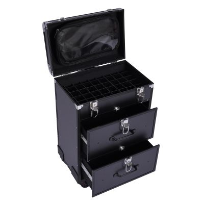 BANLICALI 3-Tier Aluminum Alloy Rolling Makeup Case with Universal Wheel and Dividers, Retractable Handle, Free Standing Cosmetics Storage Organizer Make-Up Station Black Max.Load 50kg/110.3lbs