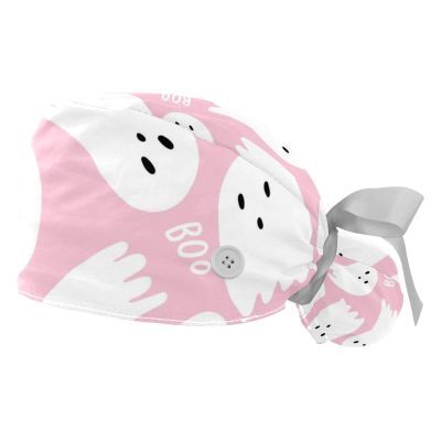 2 Pcs Working Caps with Buttons and Ribbon Tie, Cute Halloween Ghost Bouffant Hats Scrub Caps Women Long Hair