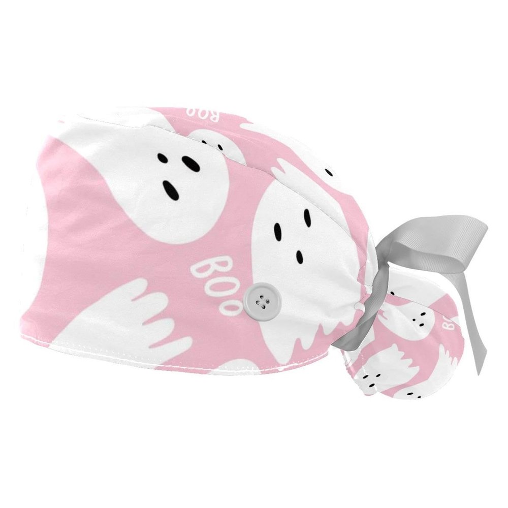2 Pcs Working Caps with Buttons and Ribbon Tie, Cute Halloween Ghost Bouffant Hats Scrub Caps Women Long Hair